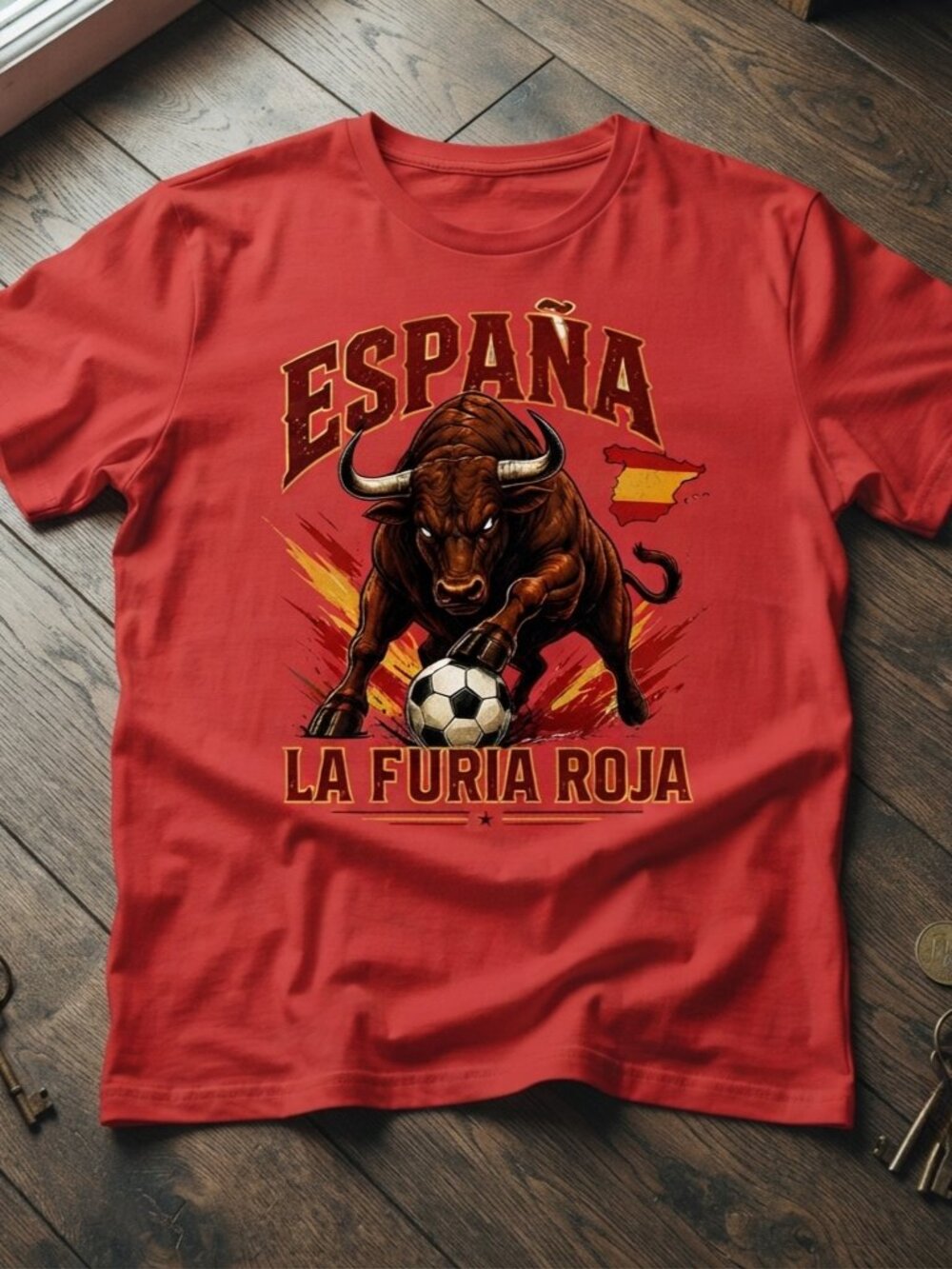 Espana La Furia Roja Bull Soccer Graphic Red T-Shirt